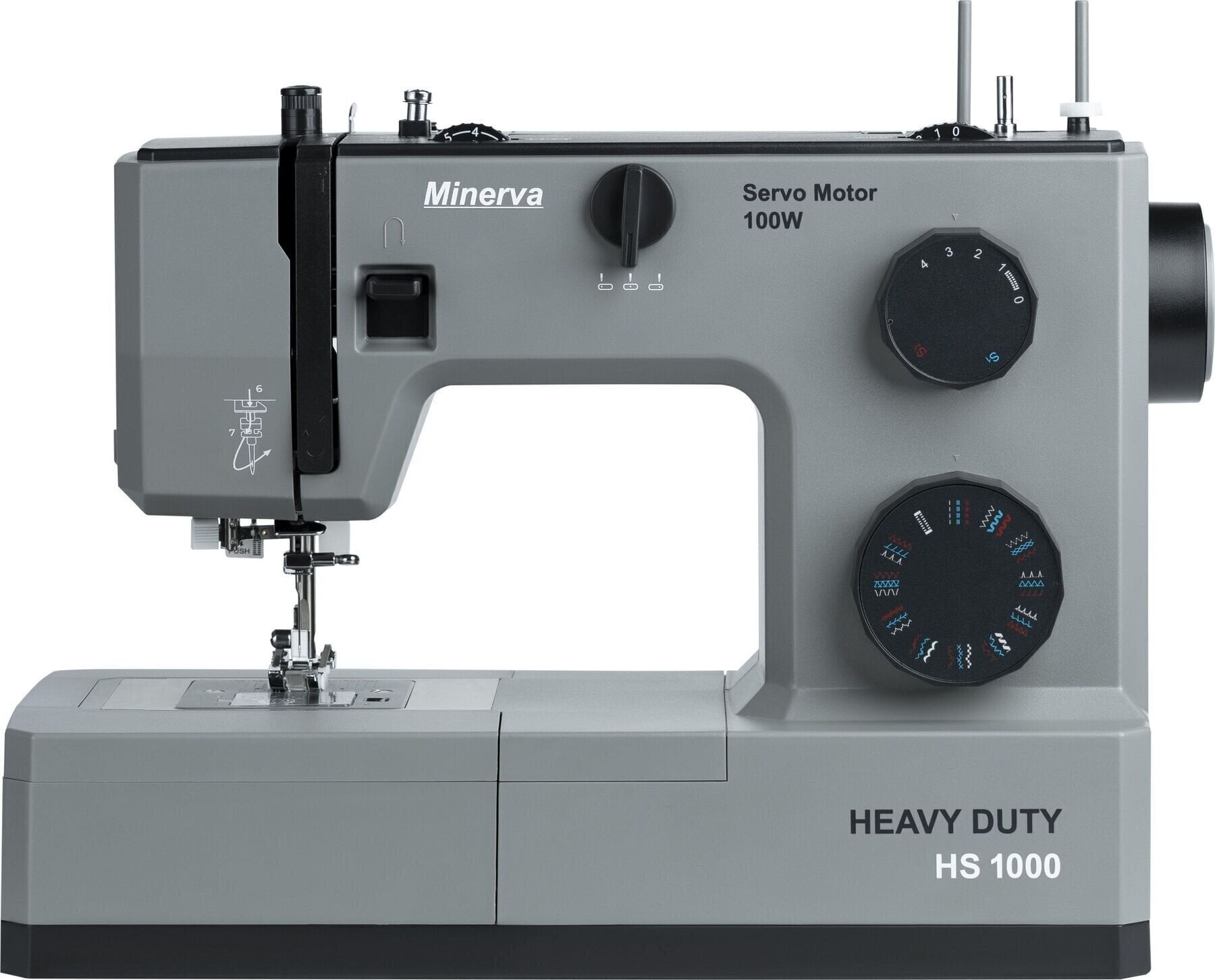 Minerva HS1000 Heavy Duty in grey, its servo motor and 100W rating printed on the arm.