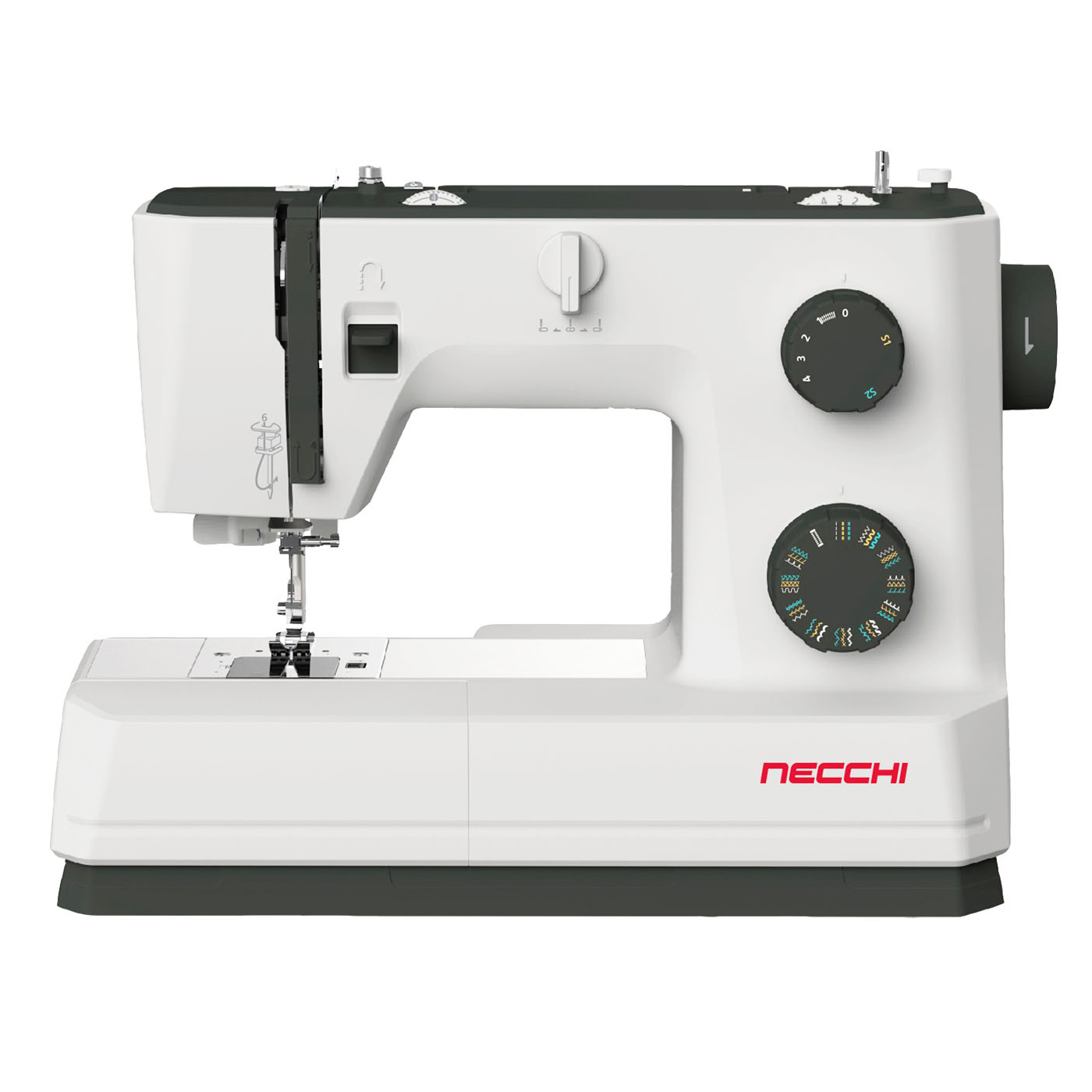 Necchi Q132A heavy duty sewing machine in dark grey with a stainless bed plate.
