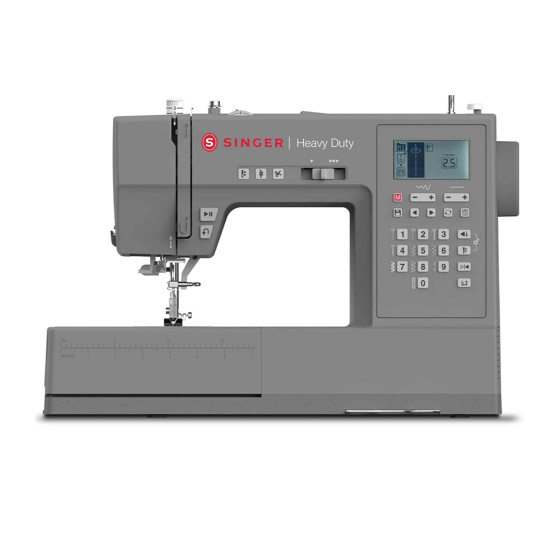 Singer Heavy Duty 6800C sewing machine, grey body with a stainless bed plate.
