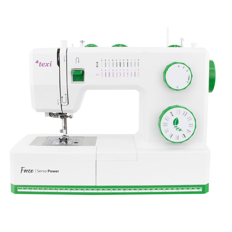 Texi Force sewing machine in white and green, marked Servo Power.