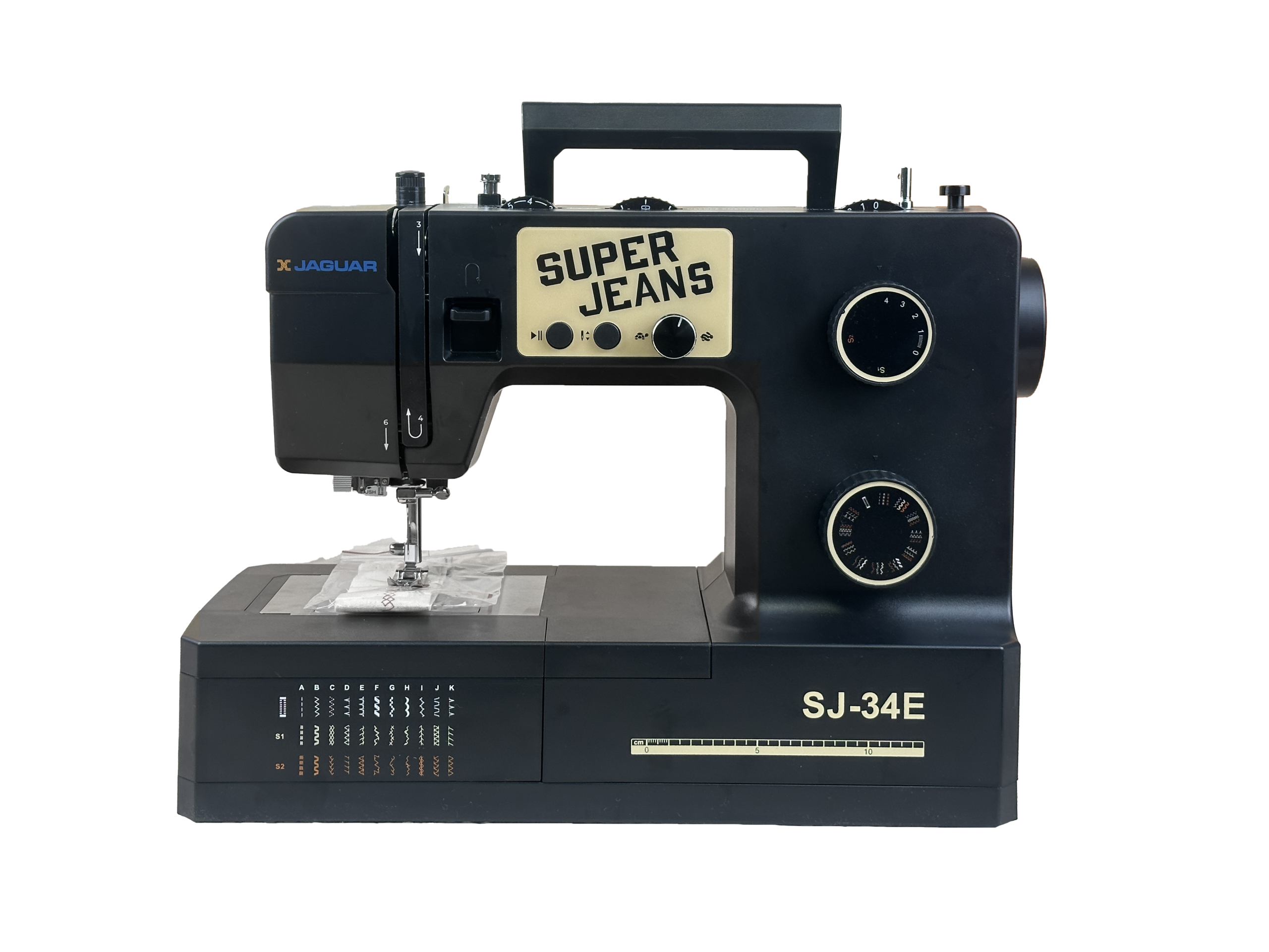 A black Jaguar SJ-34E Super Jeans heavy duty sewing machine photographed head-on against a black background, stitch selector dials on the right and the stitch chart printed across the base.